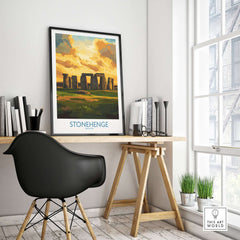 Stonehenge Sunset Poster - England Ancient Monument Art Print - Golden Hour Wall Decor in a modern home office setting.