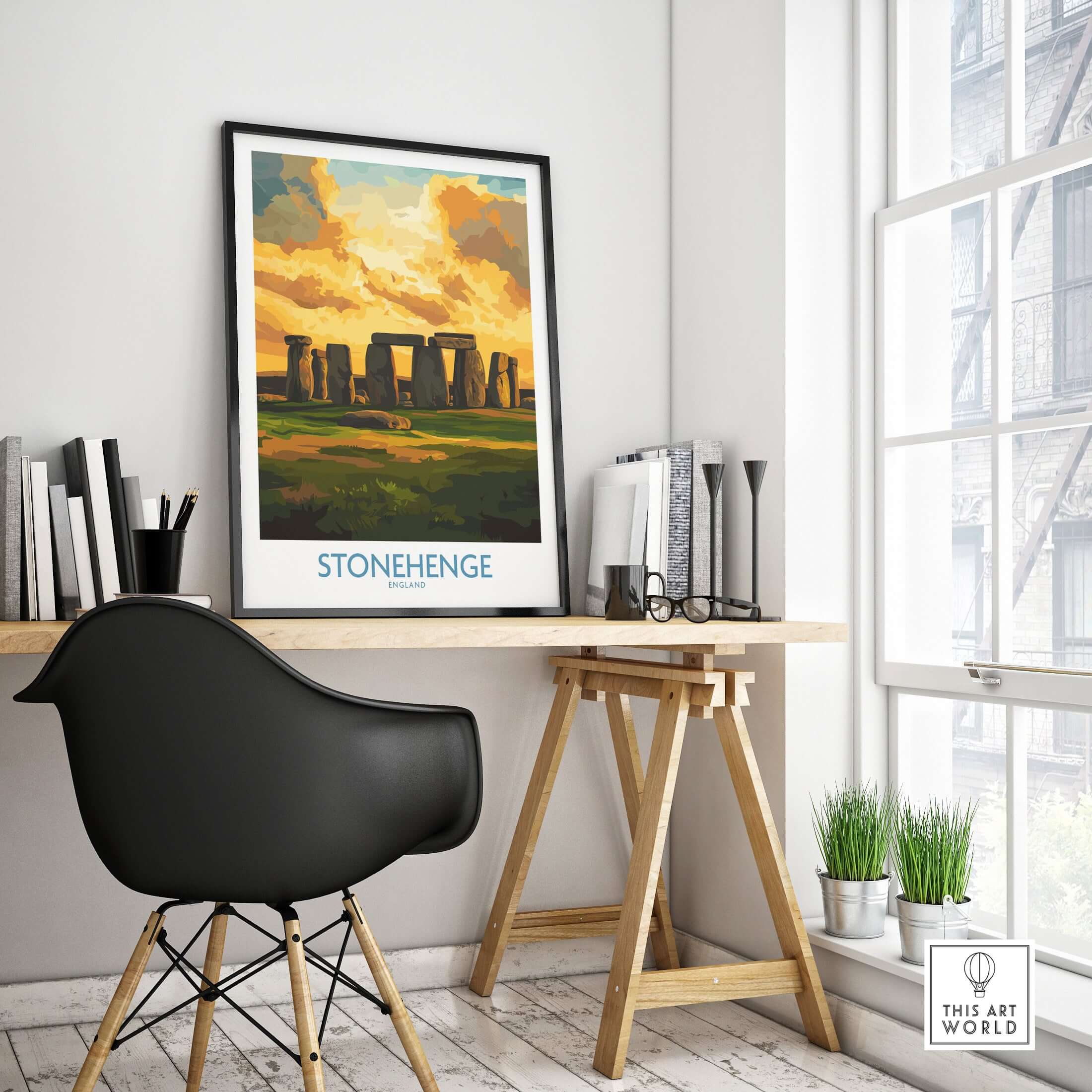 Stonehenge Sunset Poster - England Ancient Monument Art Print - Golden Hour Wall Decor in a modern home office setting.