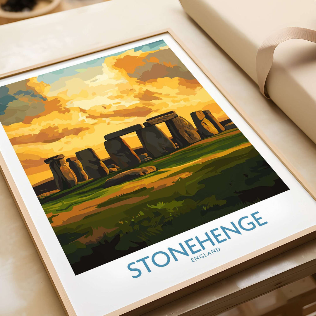 Stonehenge sunset poster art print featuring the ancient monument in golden hour light, perfect for wall decor.