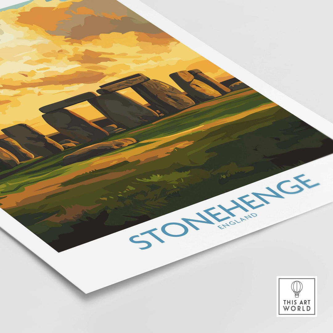 Stonehenge sunset poster art print featuring ancient monument with vibrant golden hour sky, perfect for decor.