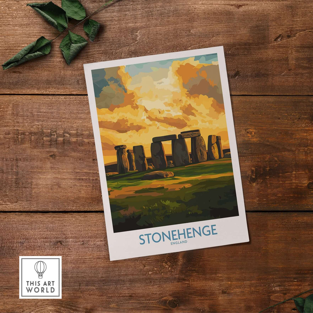 Stonehenge sunset poster art print showcasing England's ancient monument against a vibrant sky.