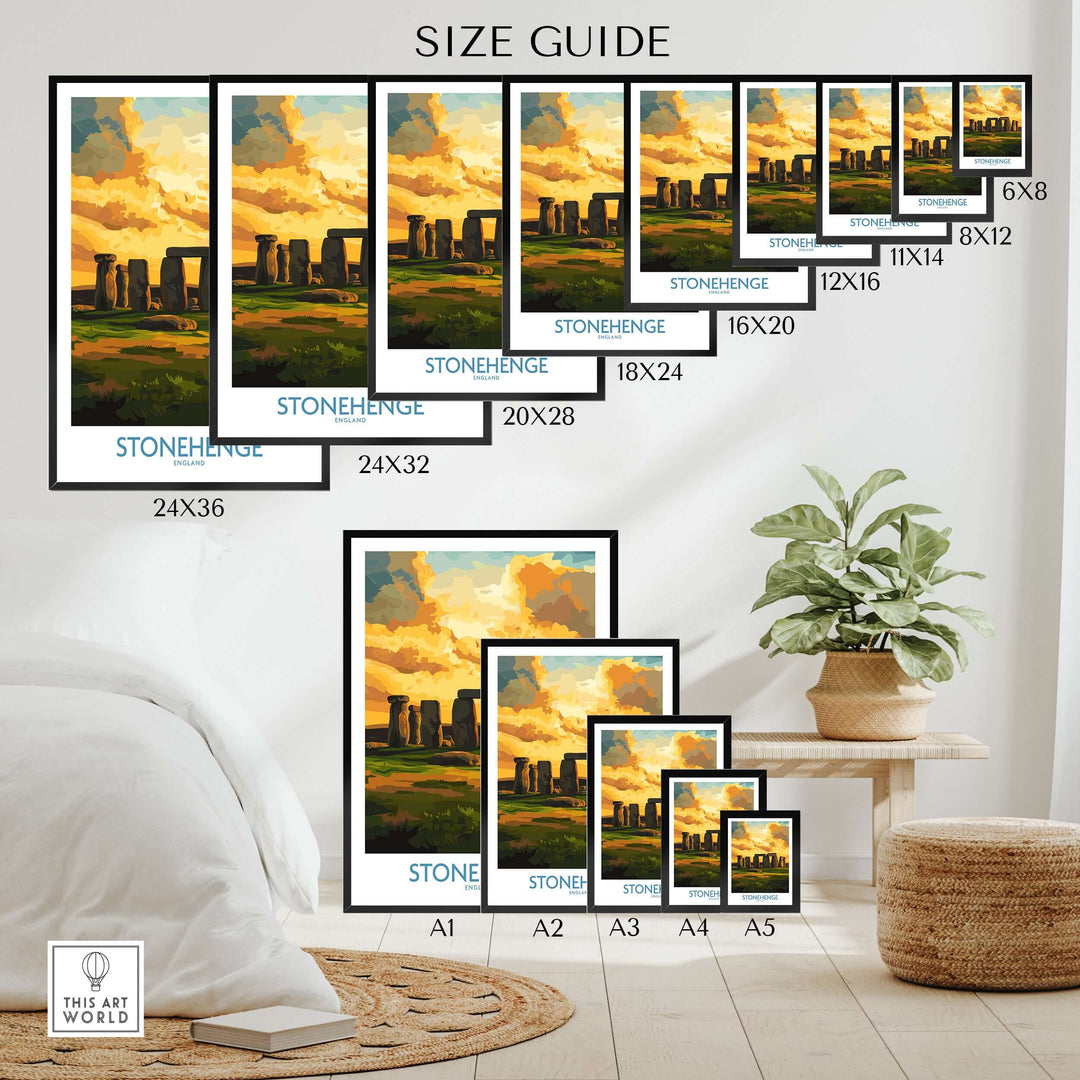 Stonehenge sunset poster size guide showcasing various print dimensions for wall decor.