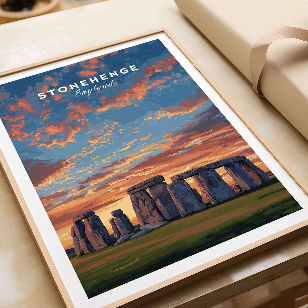 Stonehenge travel print poster featuring historic landmark and colorful sunset sky over English countryside.