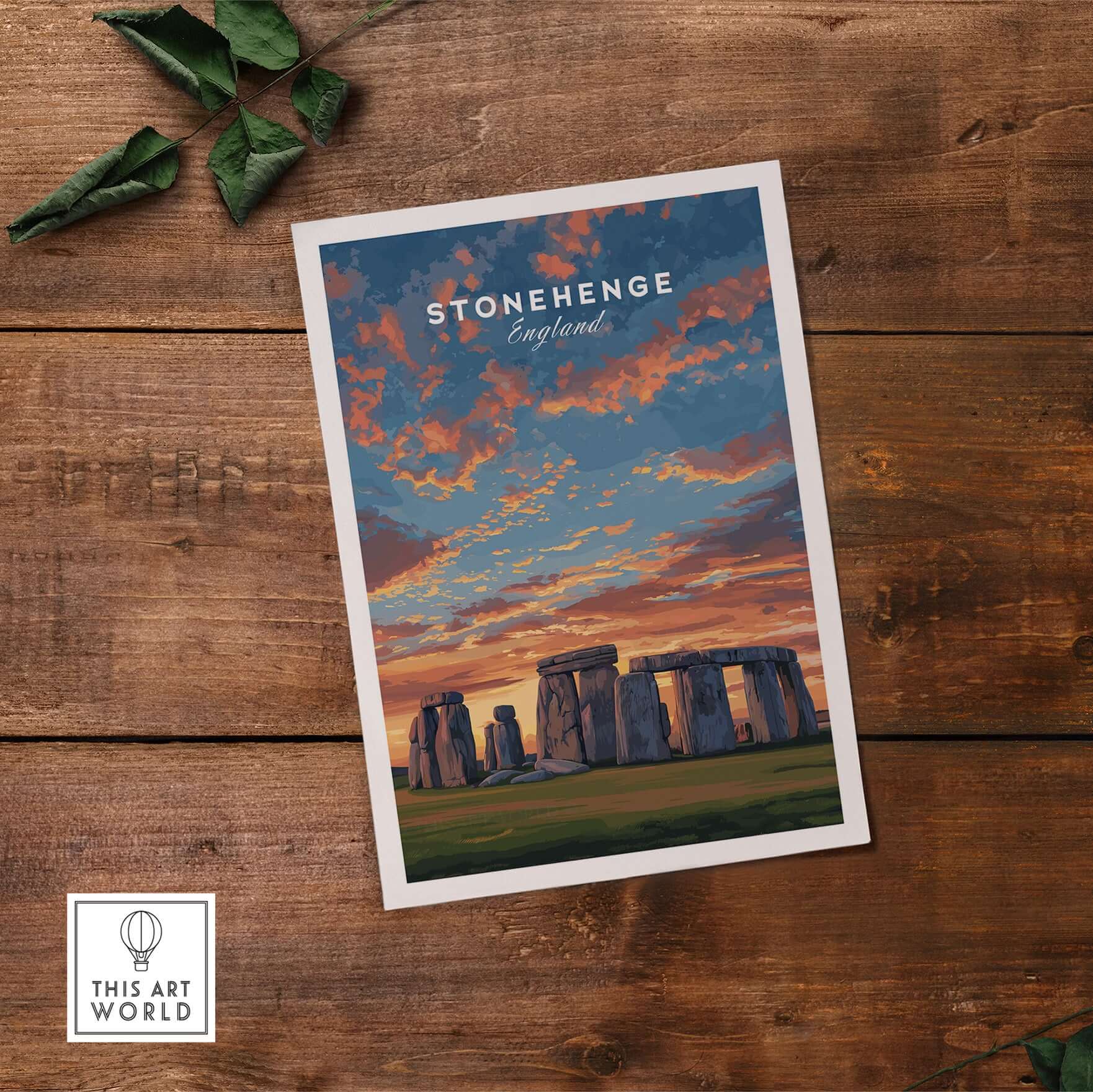Stonehenge Travel Print - English Countryside Poster - Historic Landmark Wall Art displayed on rustic wooden background.