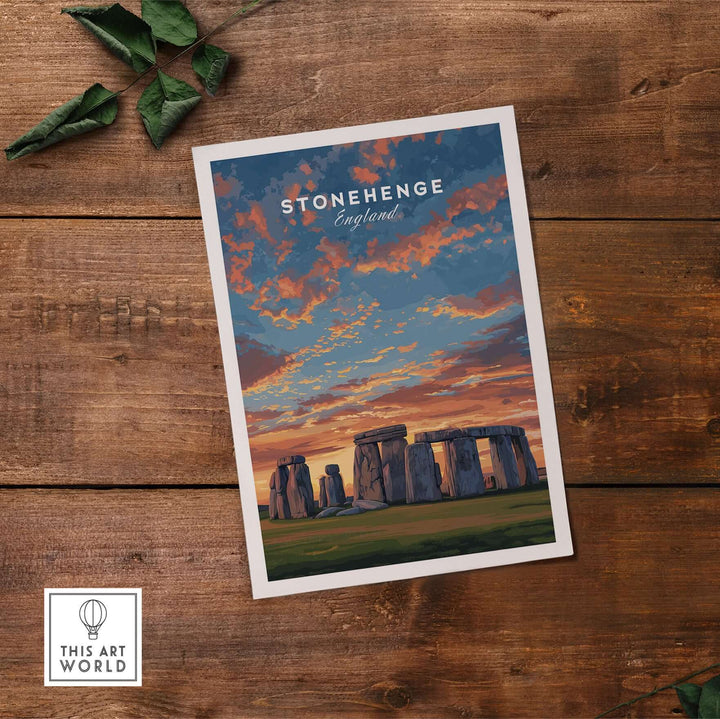 Stonehenge travel print poster depicting the iconic landmark with a colorful sunset backdrop on wooden surface.