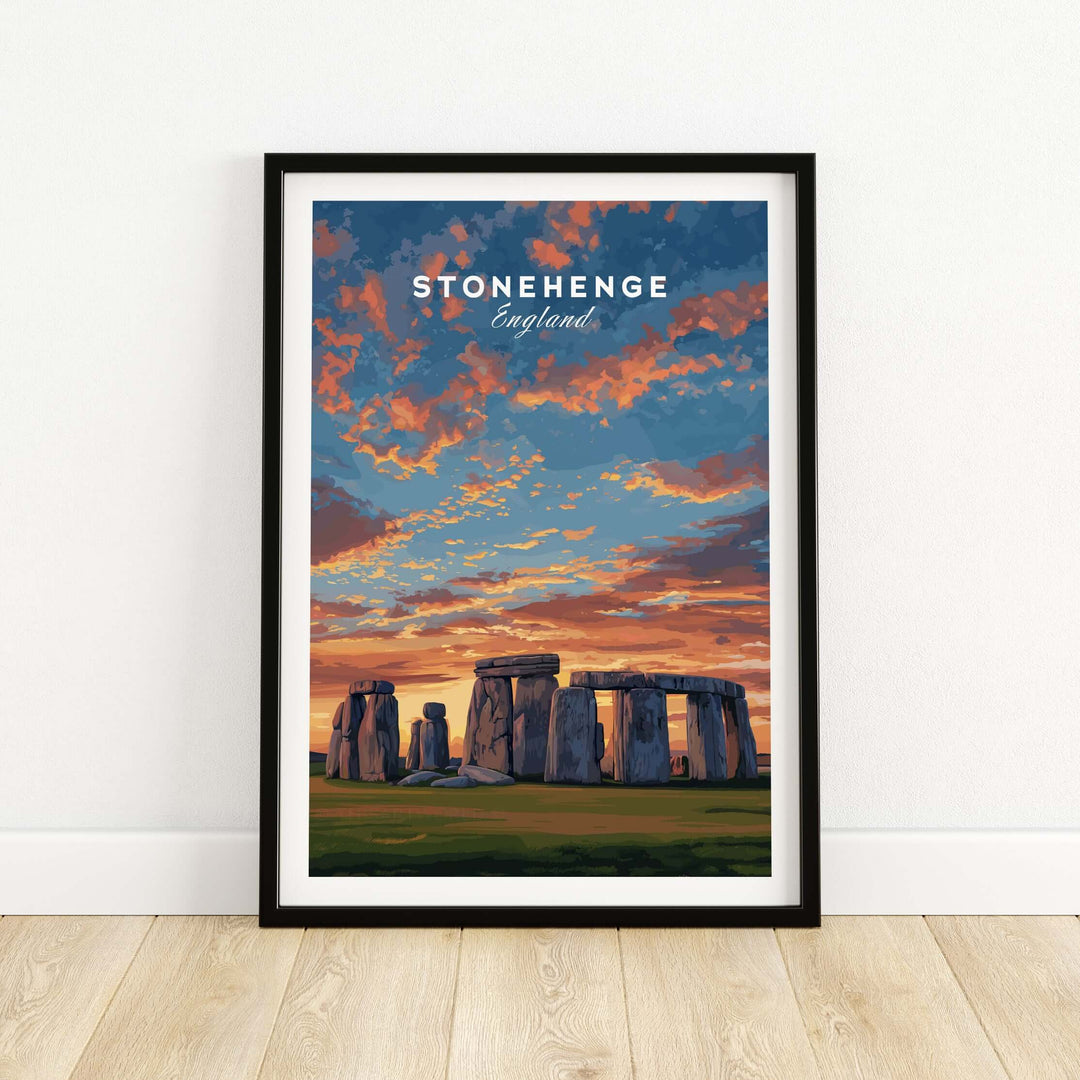 Stonehenge Travel Print featuring a sunset over the ancient landmark, framed wall art for home decor