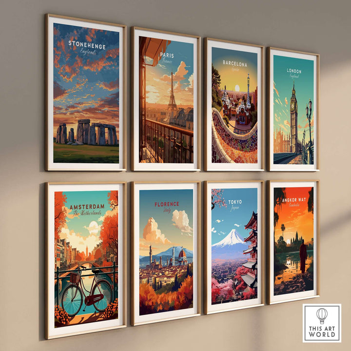Gallery wall featuring travel prints of famous landmarks including Stonehenge, Paris, and Tokyo.