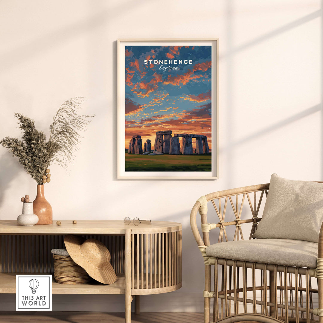 Stonehenge travel print in a modern living space, showcasing the historic landmark against a colorful sunset.