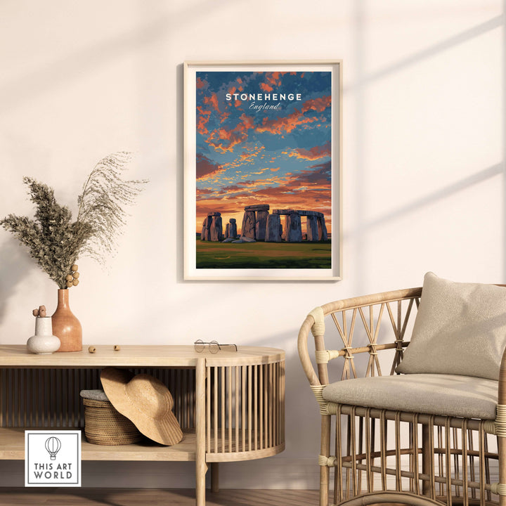 Stonehenge travel print in a modern living space, showcasing the historic landmark against a colorful sunset.