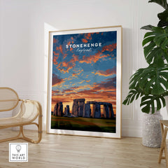 Stonehenge Travel Print - English Countryside Poster - Historic Landmark Wall Art showcasing Stonehenge at sunset.