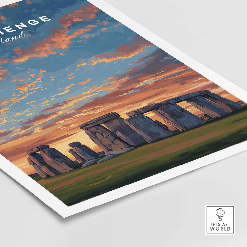 Stonehenge travel print featuring the ancient monument against a colorful sunset sky, perfect for wall art decor.