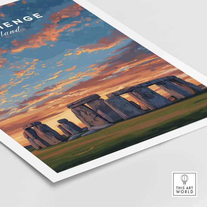 Stonehenge travel print featuring the ancient monument against a colorful sunset sky, perfect for wall art decor.