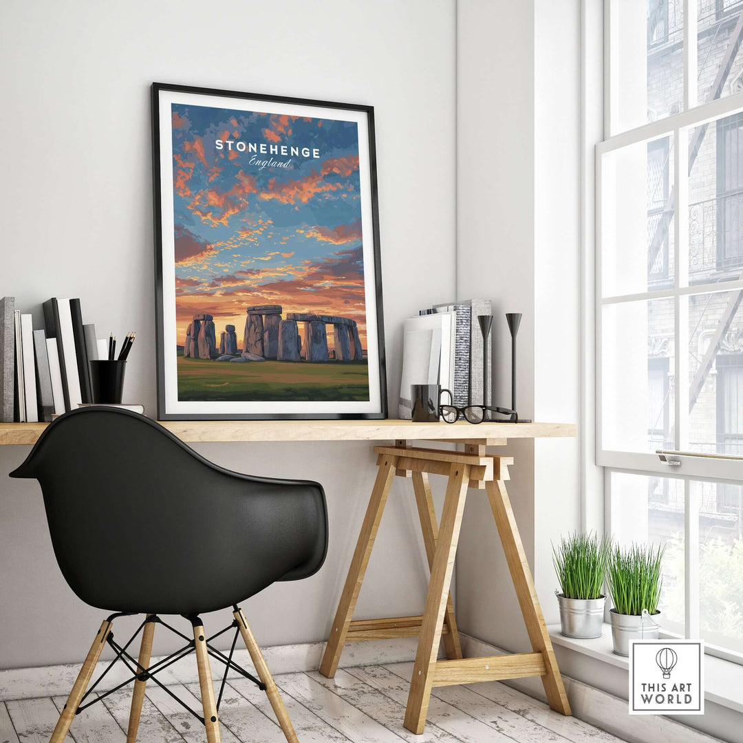 Stonehenge travel print framed on a wall in a stylish office, showcasing England's historic landmark art.