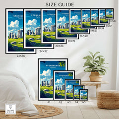 Stonehenge Travel Print - Wiltshire Landscape Poster - Ancient Monument Wall Art size guide with various frame sizes.