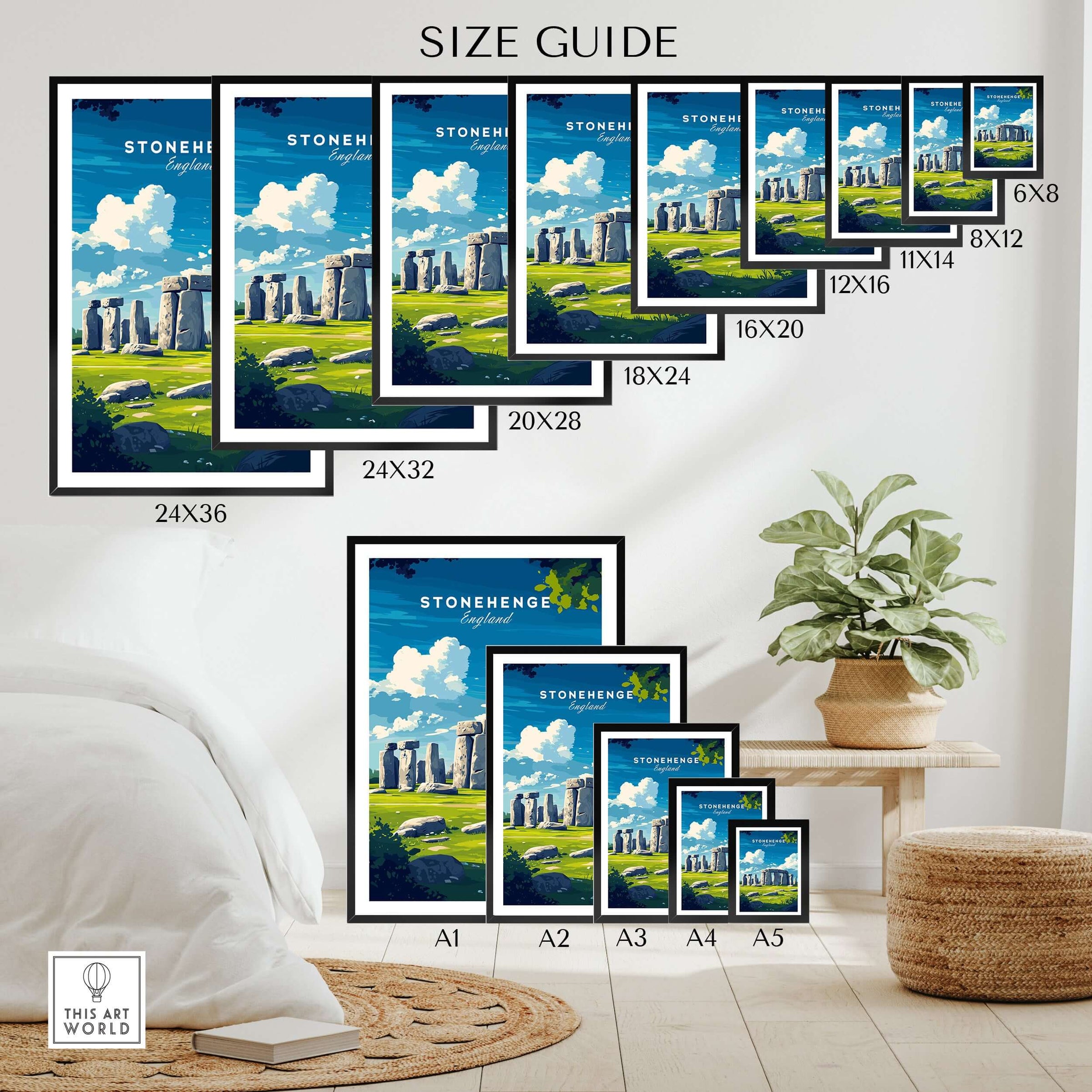 Stonehenge Travel Print - Wiltshire Landscape Poster - Ancient Monument Wall Art size guide with various frame sizes.