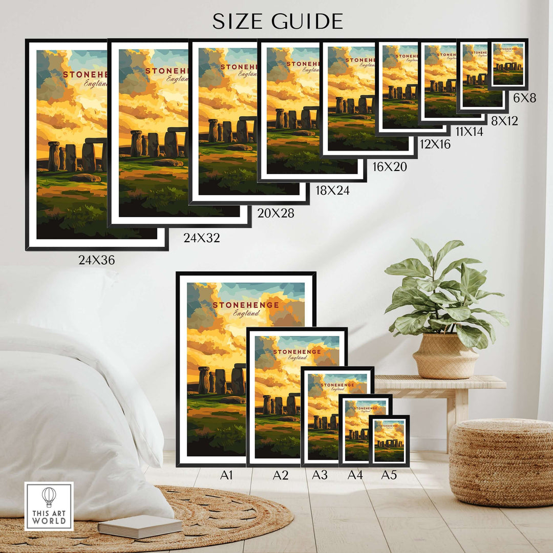 Stonehenge travel print size guide showcasing various poster dimensions and styles for Wiltshire landscape art.
