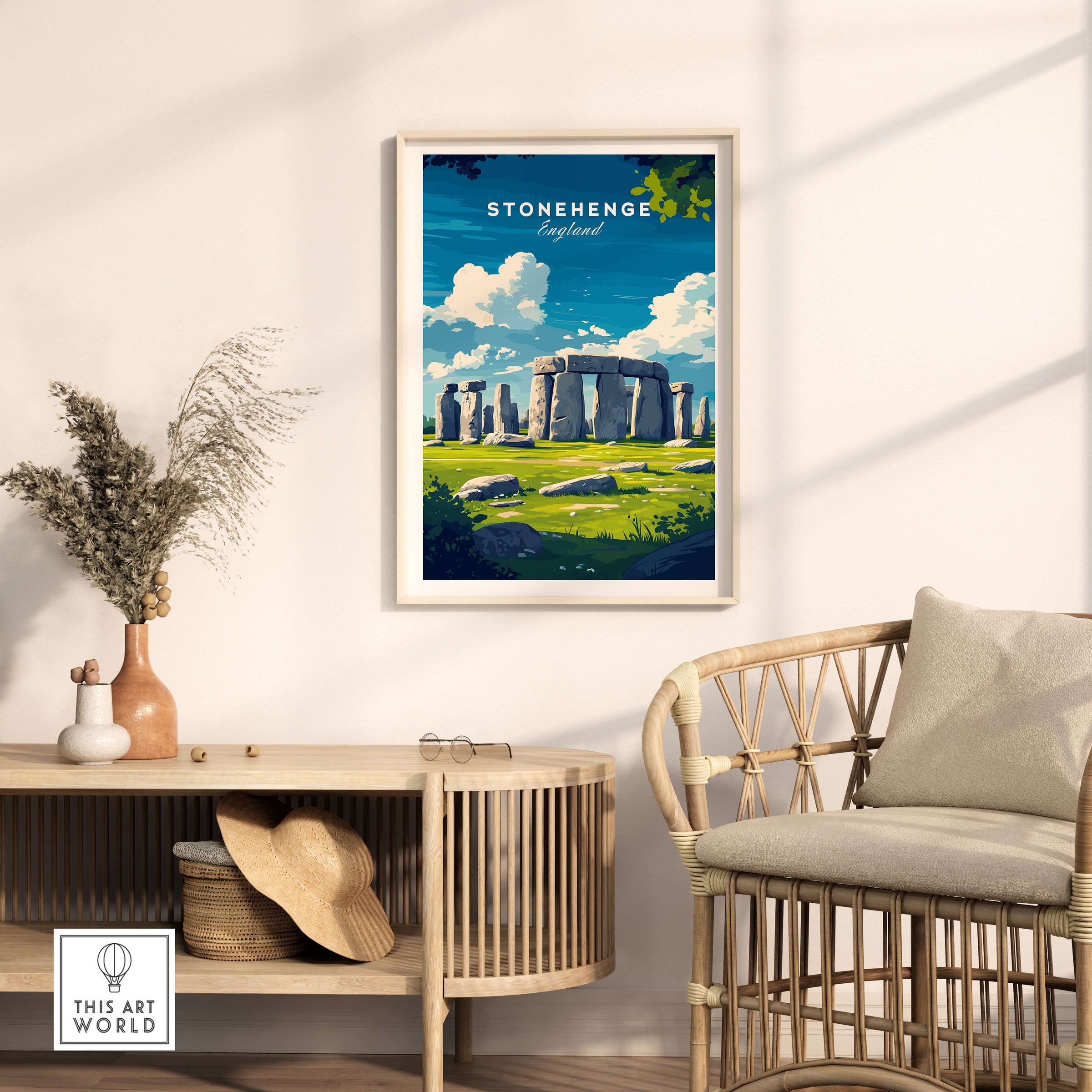 Stonehenge Travel Print - Wiltshire Landscape Poster - Ancient Monument Wall Art displayed in a cozy living room setting.