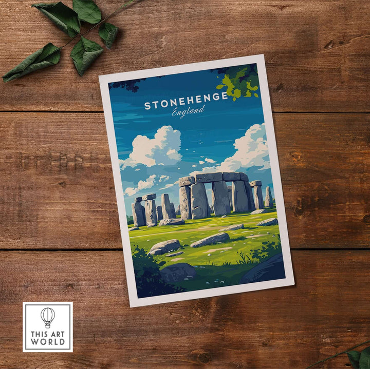 Stonehenge travel print showcasing the ancient monument in a vibrant Wiltshire landscape, perfect wall art for history lovers.