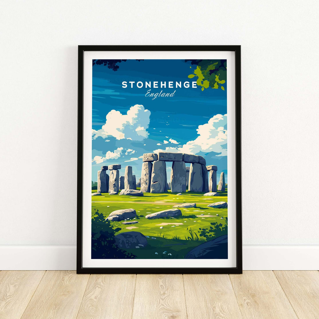 Stonehenge travel print showcasing the ancient monument set in the English countryside, framed poster art.