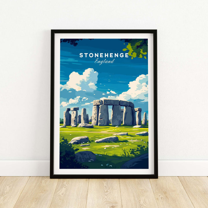 Stonehenge travel print showcasing the ancient monument set in the English countryside, framed poster art.