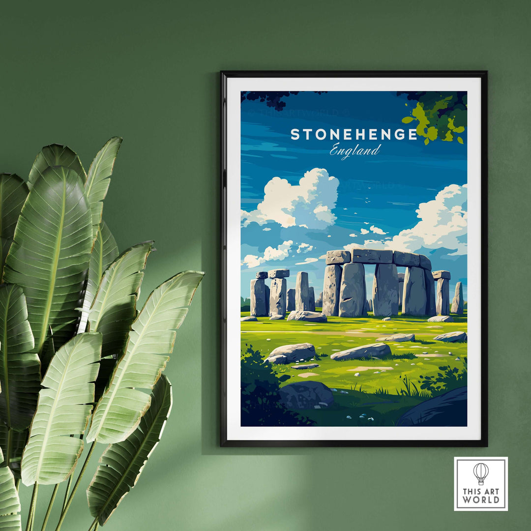 Stonehenge travel print poster showcasing the ancient monument in Wiltshire, England against a scenic backdrop.