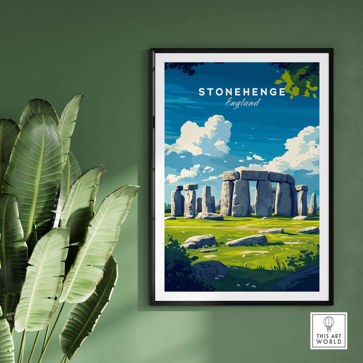 Stonehenge travel print poster showcasing the ancient monument in Wiltshire, England against a scenic backdrop.