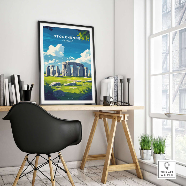 Stonehenge travel print displayed in a bright office, highlighting ancient monument against a scenic landscape.
