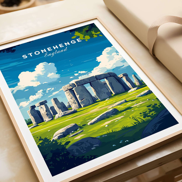 Stonehenge travel print showcasing ancient monument in Wiltshire landscape, framed art featuring green countryside and blue sky.