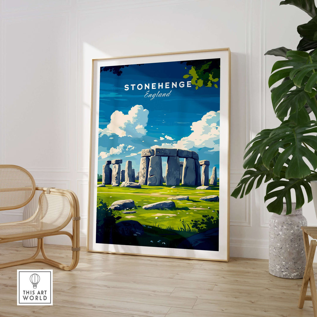 Stonehenge travel print poster showcasing the ancient monument in a vibrant setting with blue skies and green landscape.