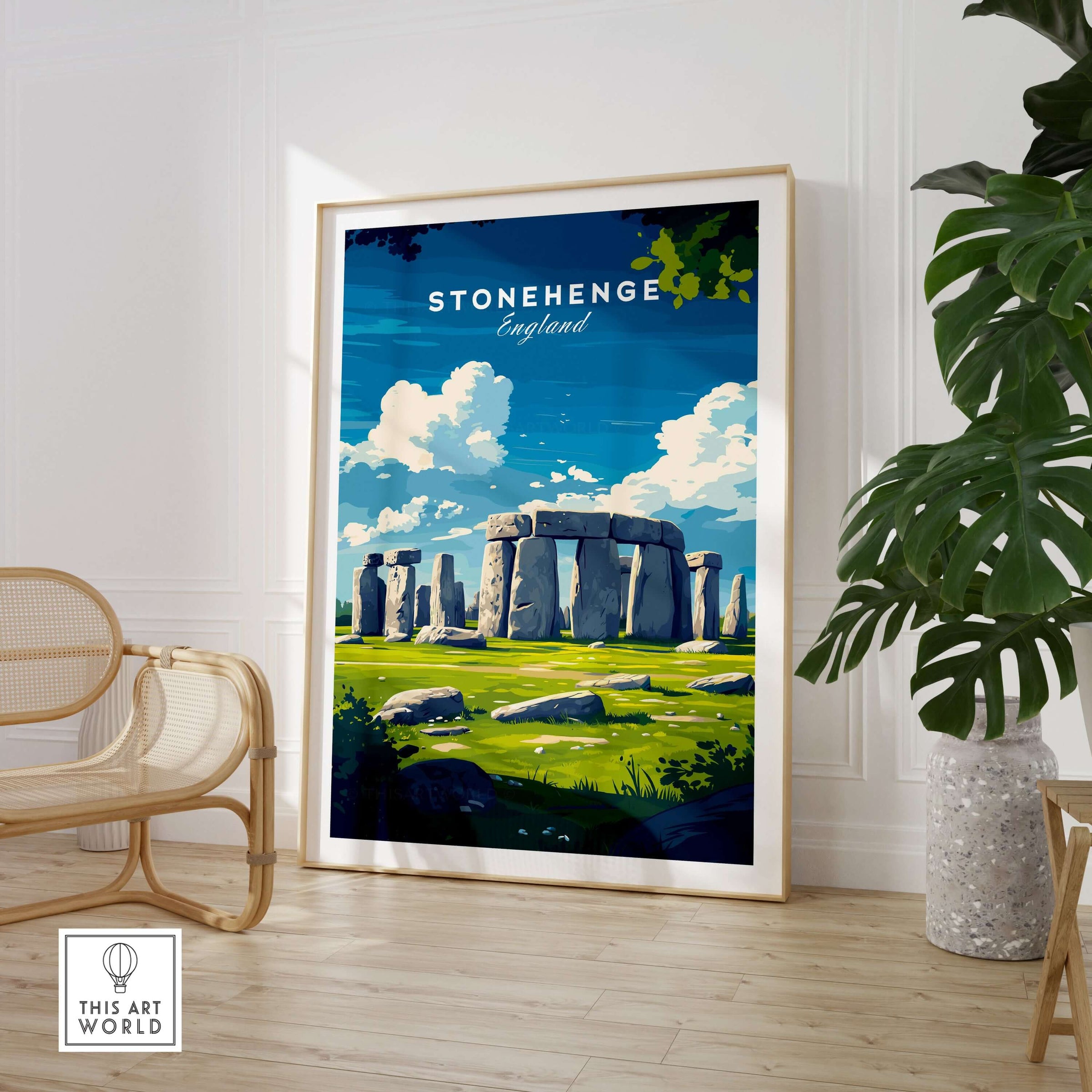 Stonehenge Travel Print - Wiltshire Landscape Poster - Ancient Monument Wall Art displayed in modern interior.