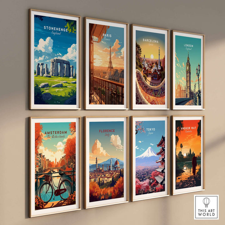 Collection of vibrant travel posters showcasing iconic landmarks, including Stonehenge, Paris, and Tokyo.
