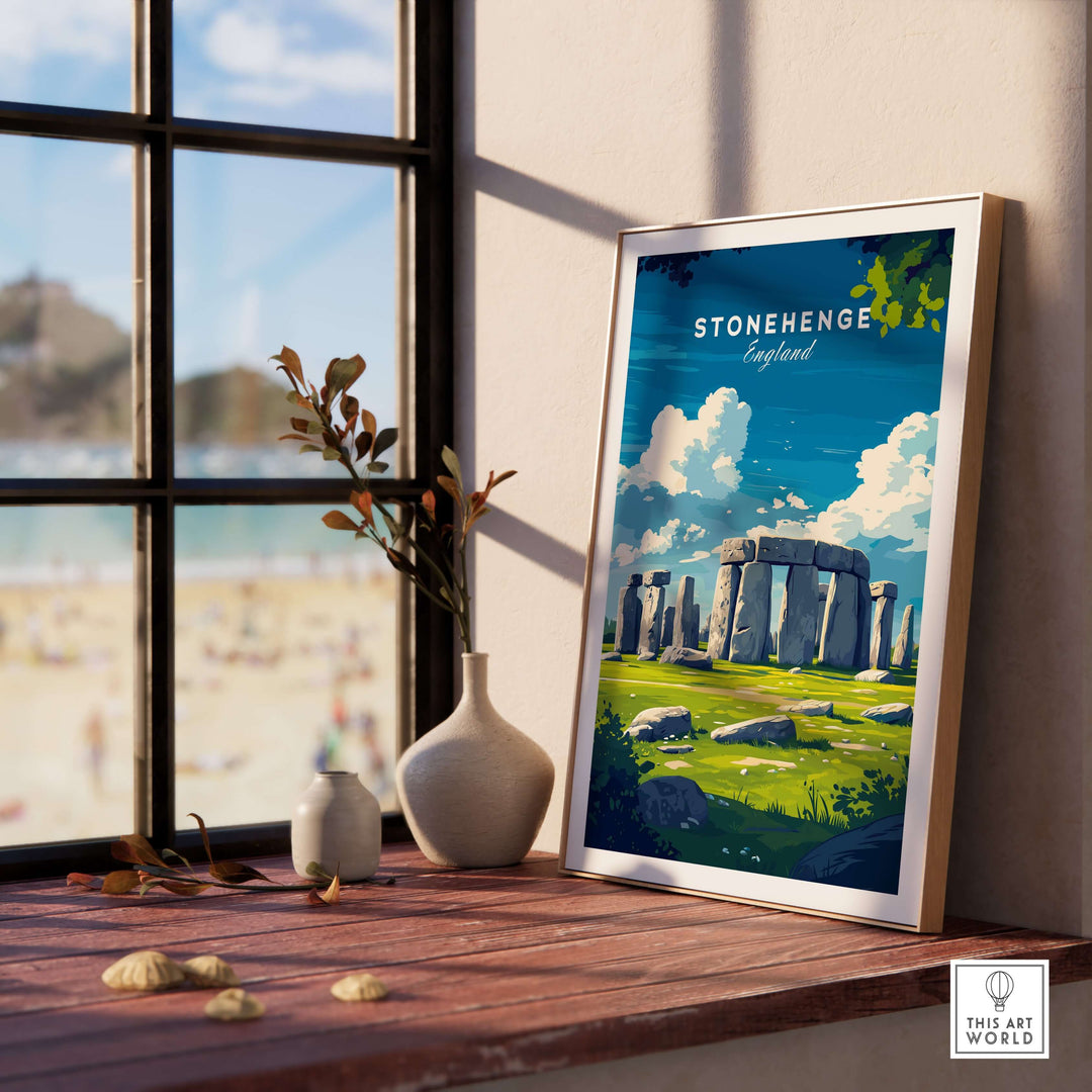 Stonehenge travel print displayed in a bright room, showcasing Wiltshire landscape and ancient monument art.