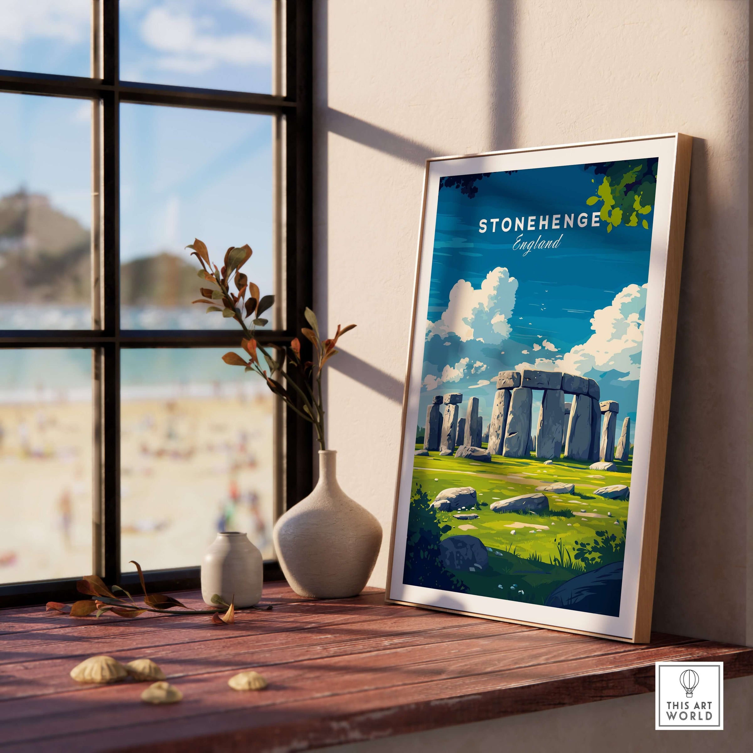 Stonehenge Travel Print - Wiltshire Landscape Poster - Ancient Monument Wall Art displayed in a sunny interior.