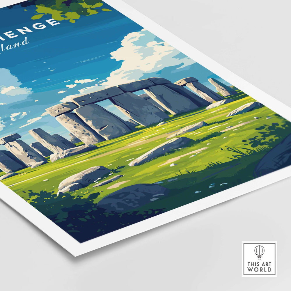 Stonehenge travel print featuring the ancient monument set against a vibrant Wiltshire landscape.