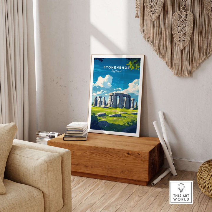 Stonehenge travel print displayed in a modern living room, showcasing the ancient monument amidst a picturesque landscape.