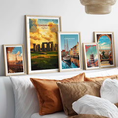 Stonehenge Travel Print - Wiltshire Landscape Poster - English Heritage Wall Art displayed on a cozy bed with decorative pillows.