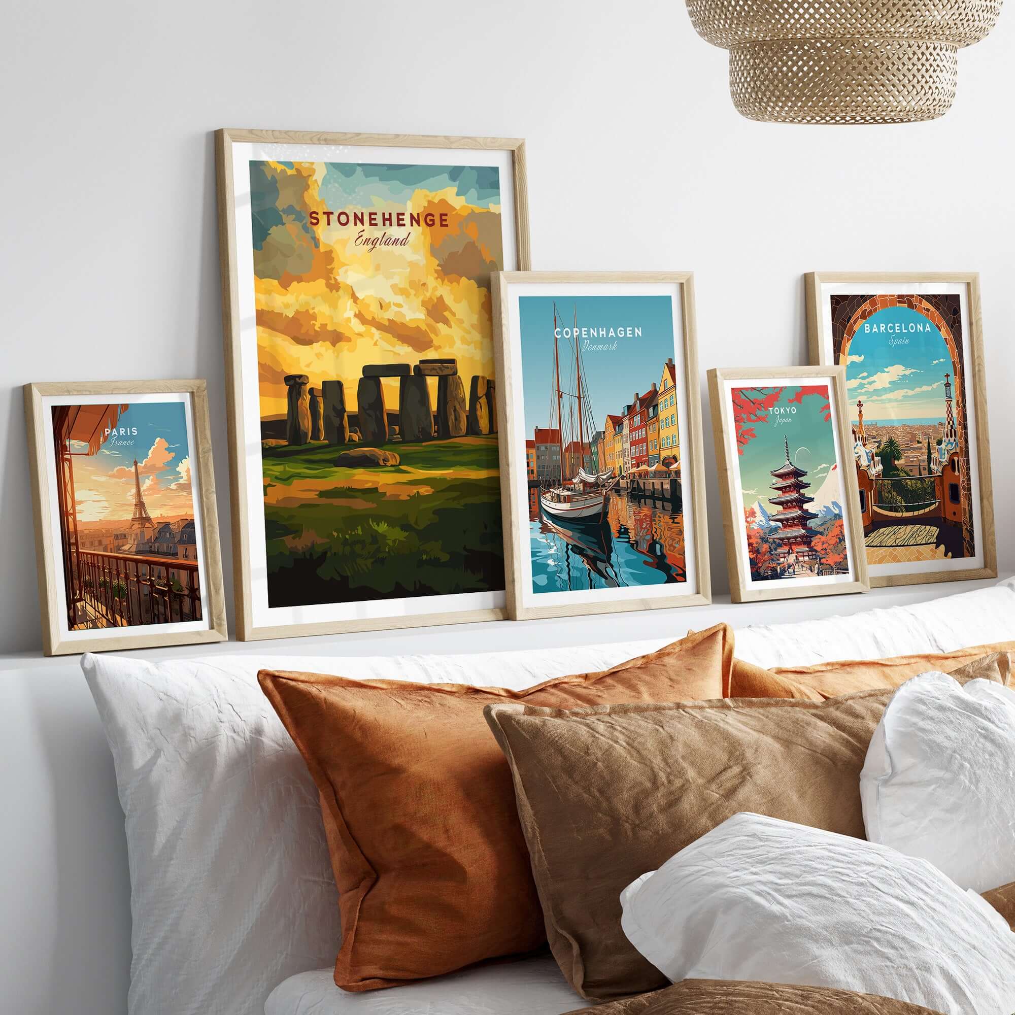 Stonehenge Travel Print - Wiltshire Landscape Poster - English Heritage Wall Art displayed on a cozy bed with decorative pillows.