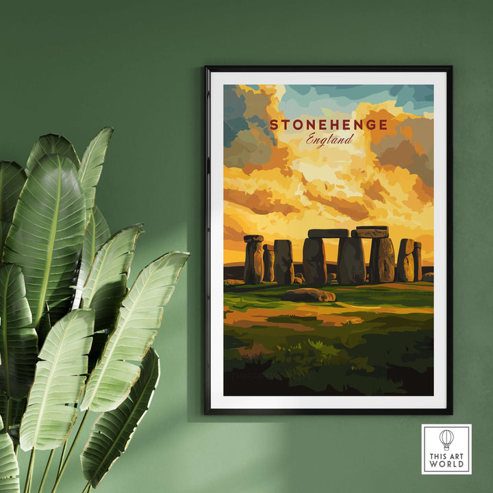 Stonehenge travel print poster featuring English landscape and iconic stone circle, perfect for wall decor.