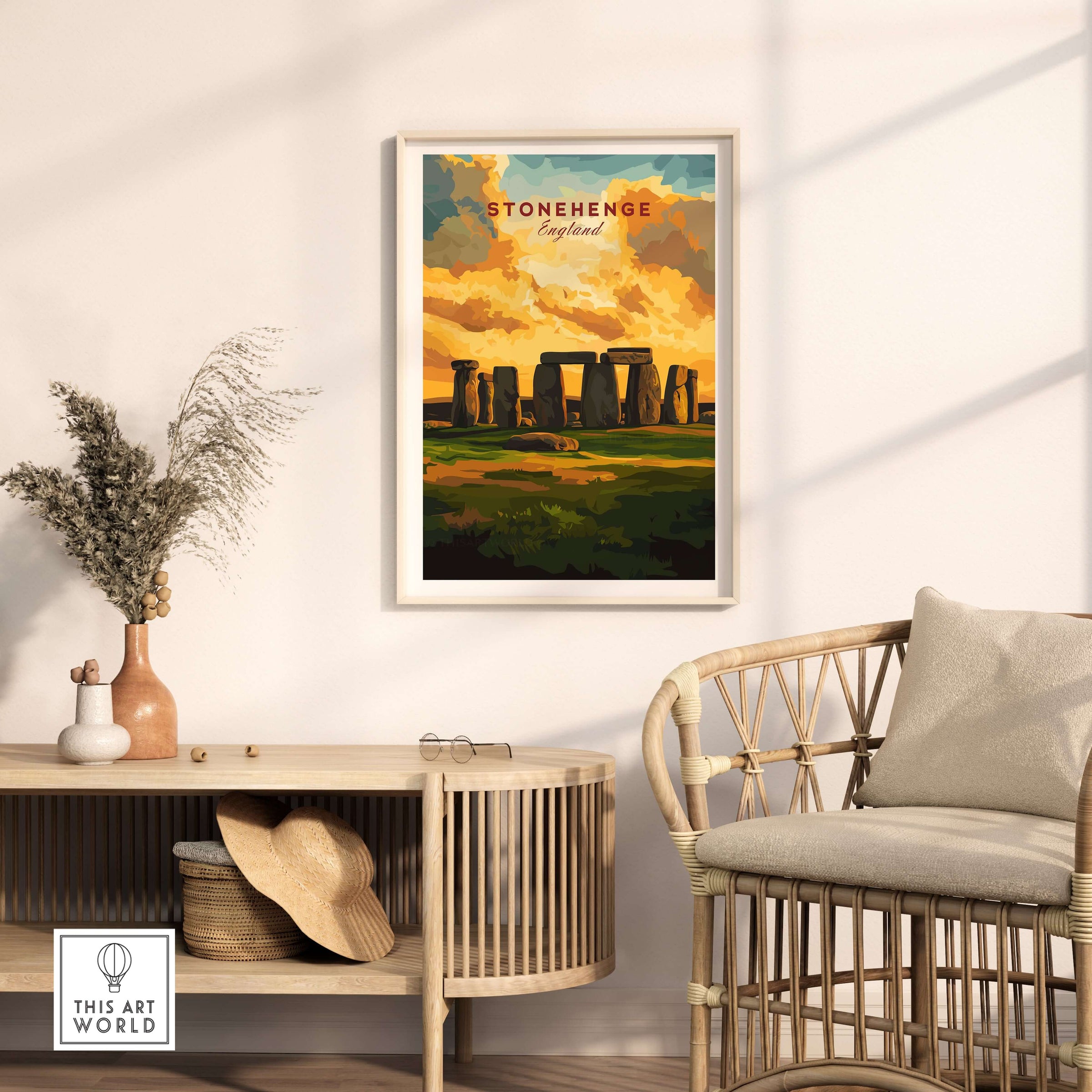 Stonehenge Travel Print - Wiltshire Landscape Poster - English Heritage Wall Art displayed in a cozy living room decor.