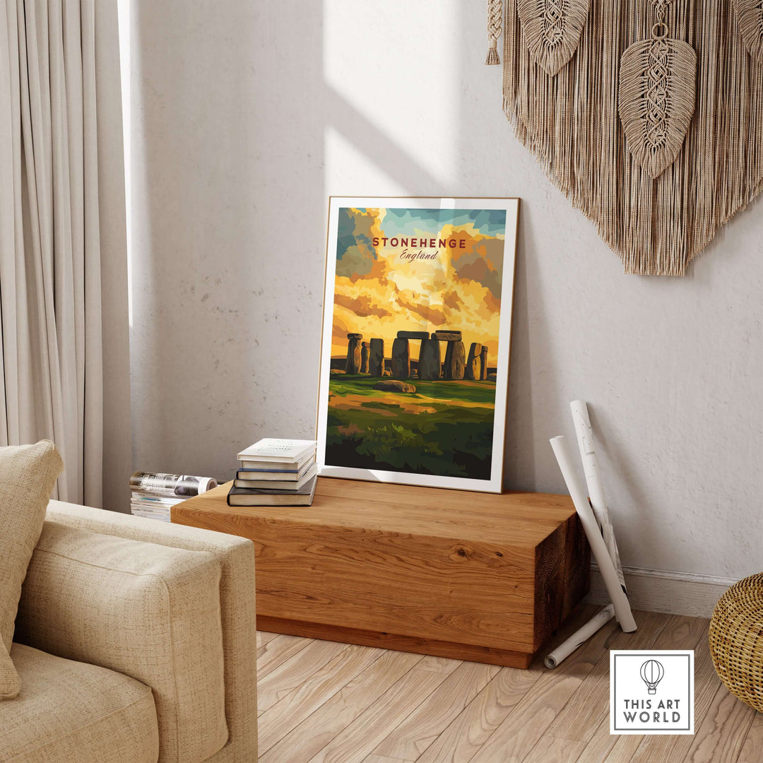 Stylish Stonehenge travel print featured in a cozy living room, showcasing Wiltshire's iconic landscape.