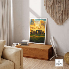 Stonehenge Travel Print - Wiltshire Landscape Poster - English Heritage Wall Art displayed in a stylish home setting.