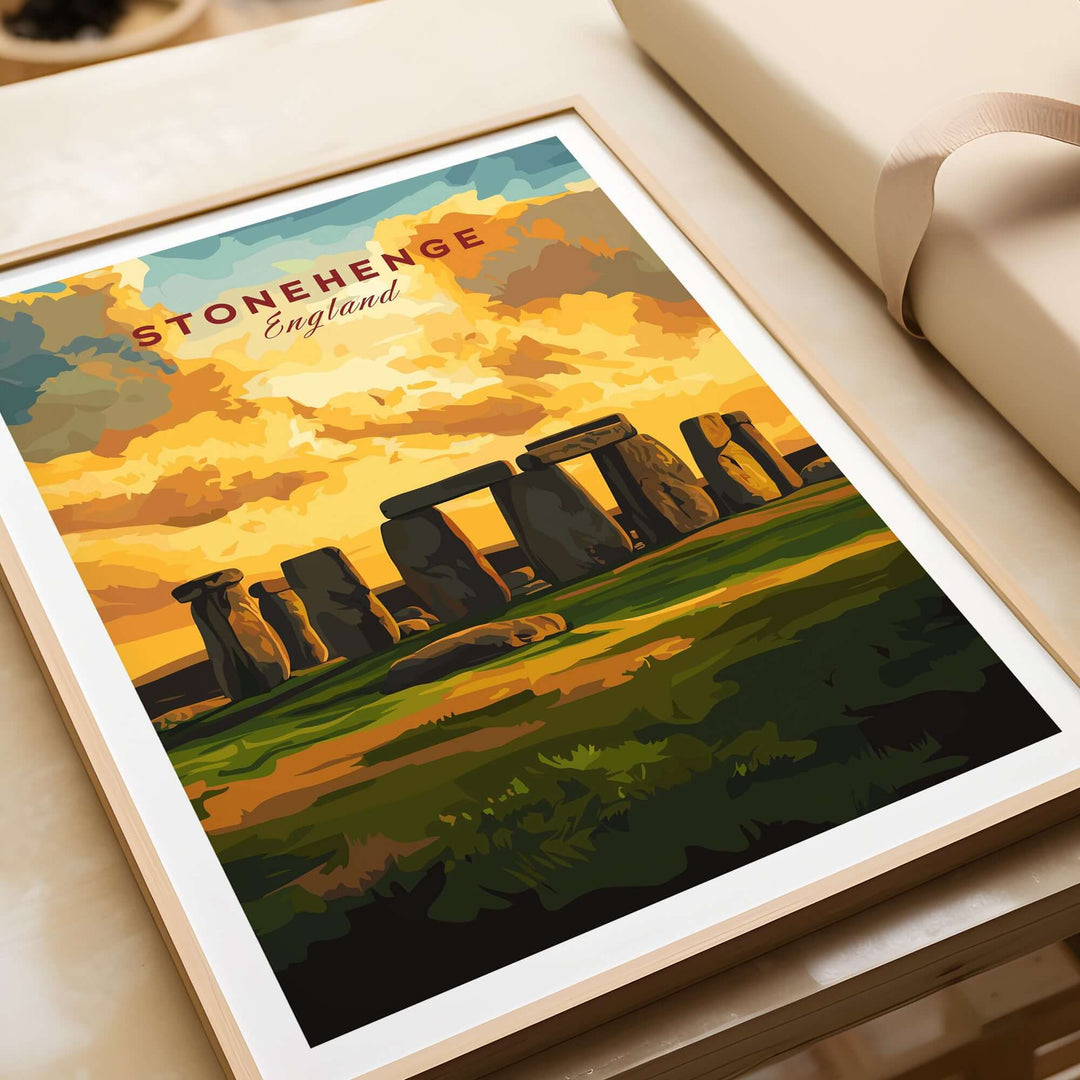 Stonehenge travel print featuring the iconic stone circle and vibrant sunset in Wiltshire, England.