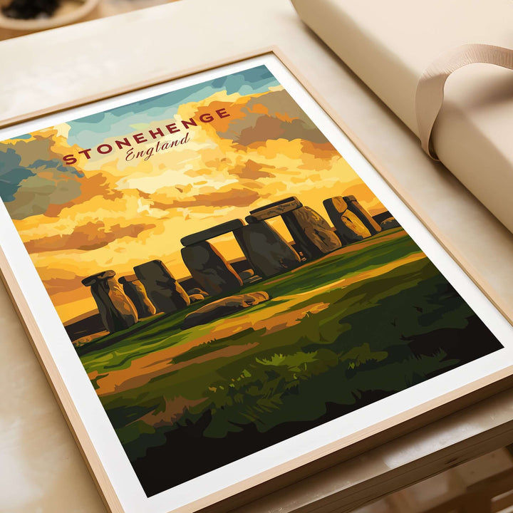 Stonehenge travel print featuring the iconic stone circle and vibrant sunset in Wiltshire, England.