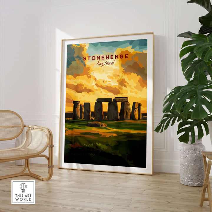 Stonehenge travel print showcasing the iconic Wiltshire landscape with a vibrant sunset, framed wall art for decor.