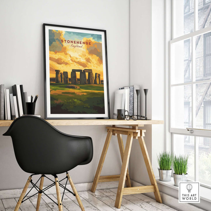 Stonehenge travel print in a modern interior, showcasing Wiltshire landscape wall art.