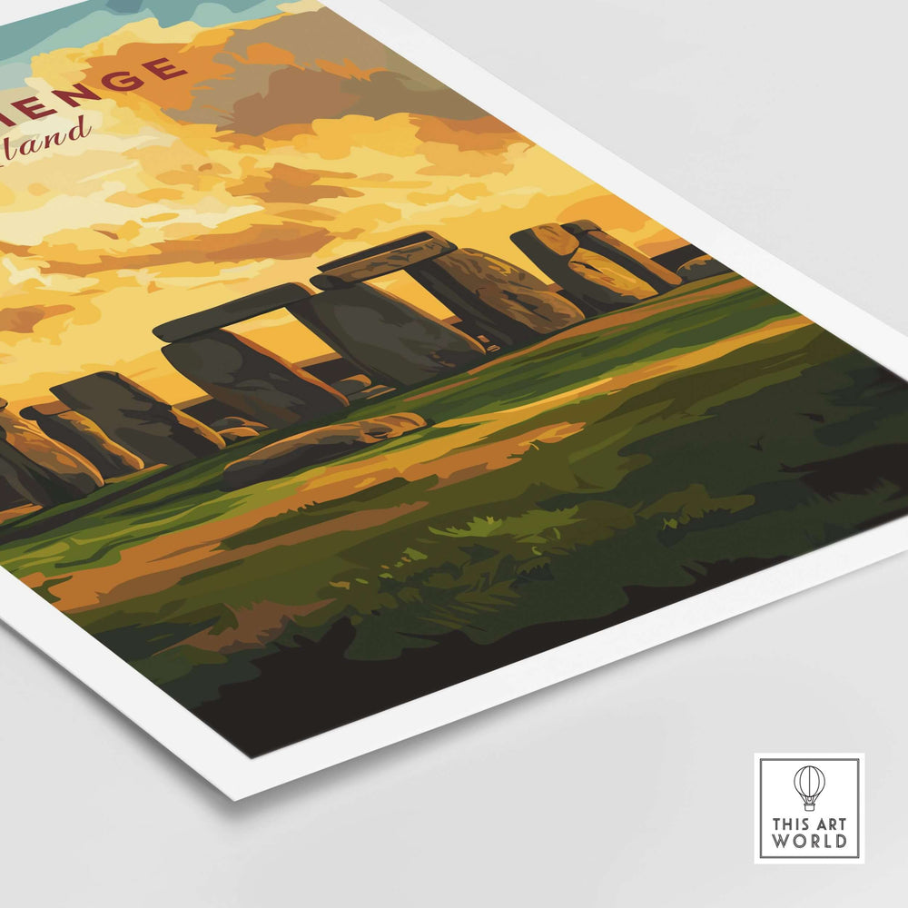 Stonehenge travel print showcasing iconic stone circle and Wiltshire landscape, ideal for English heritage wall art.