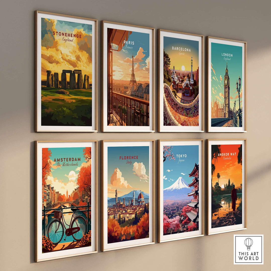 Collection of travel posters featuring Stonehenge, Paris, Barcelona, London, Amsterdam, Florence, Tokyo, and Angkor Wat.