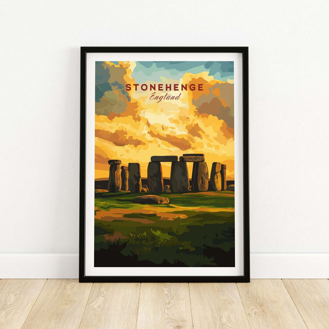 Stonehenge Travel Print poster showcasing iconic Wiltshire landscape with stone circle, vibrant sunset colors.