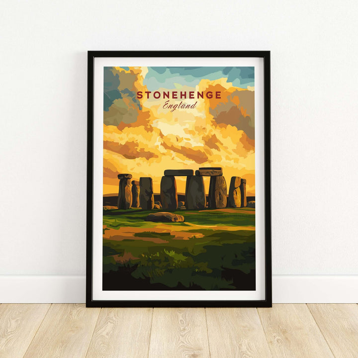 Stonehenge Travel Print poster showcasing iconic Wiltshire landscape with stone circle, vibrant sunset colors.