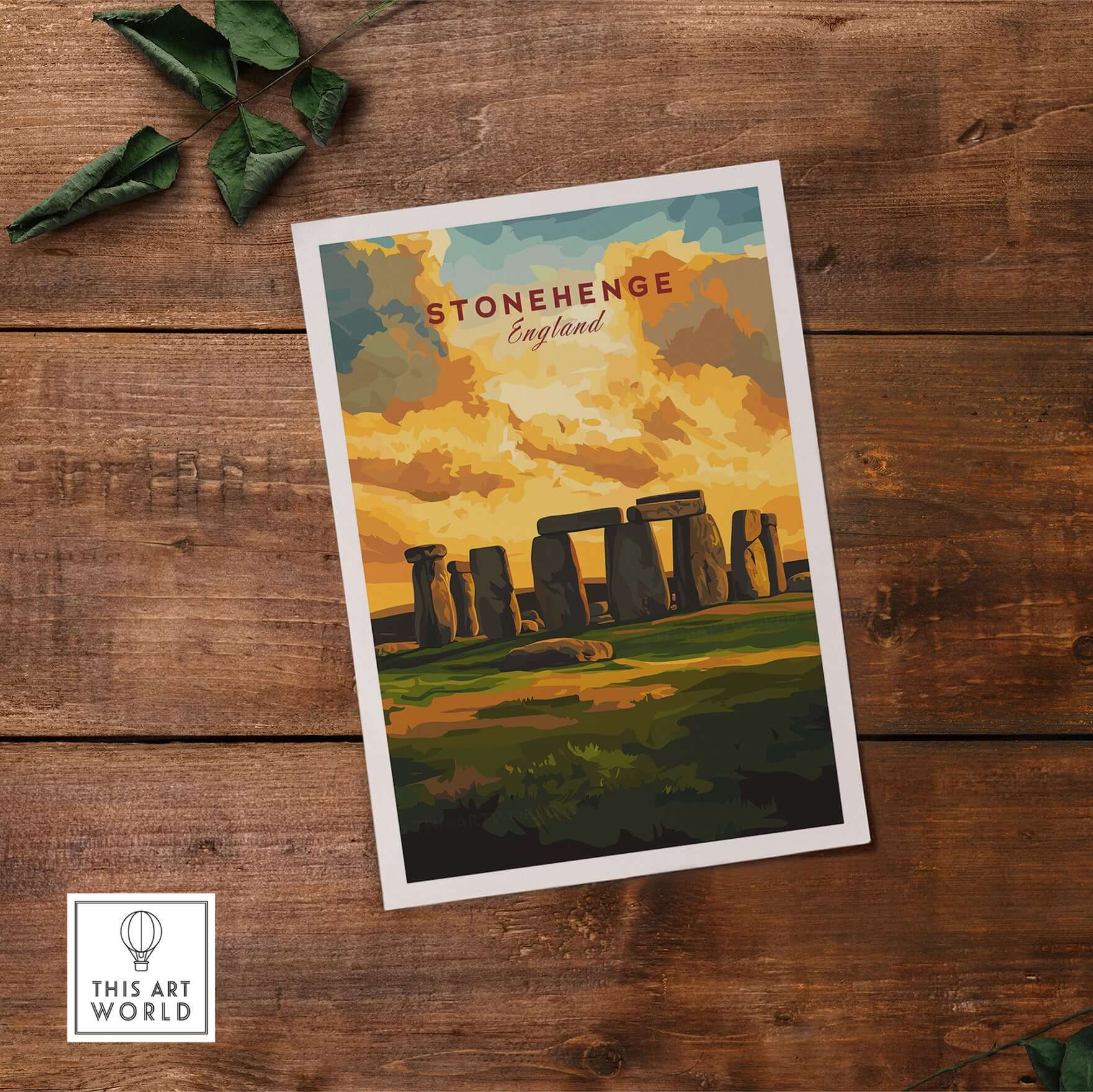 Stonehenge Travel Print - Wiltshire Landscape Poster - English Heritage Wall Art on a wooden table.